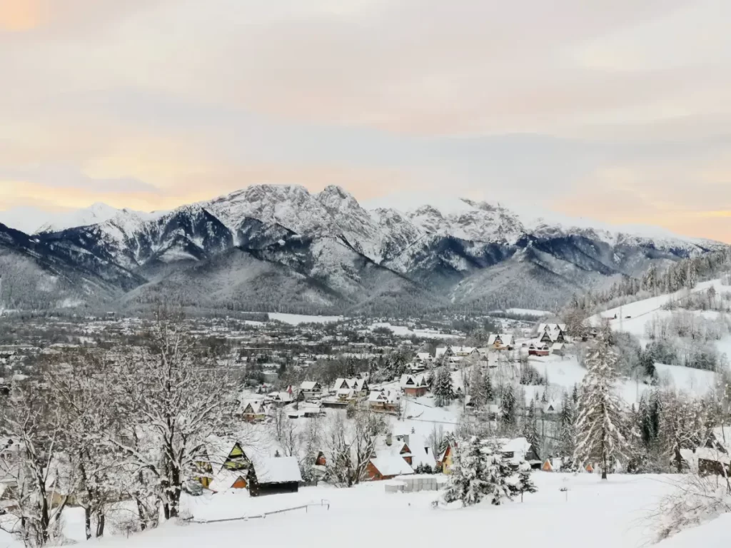 Zakopane in winter with a view of Giewont